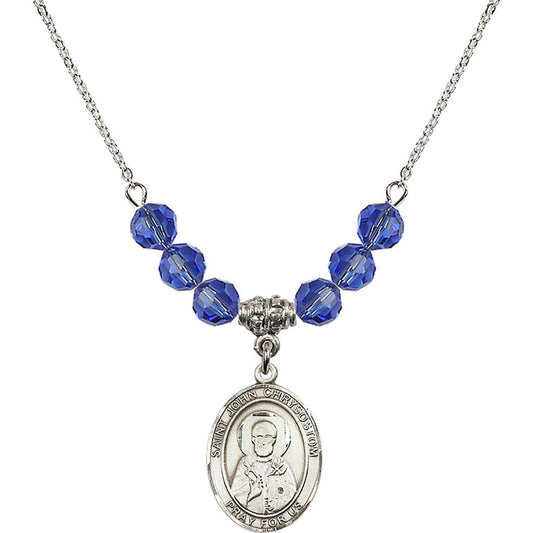Sterling Silver Saint John Chrysostom Birthstone Necklace with Sapphire Beads - 8357