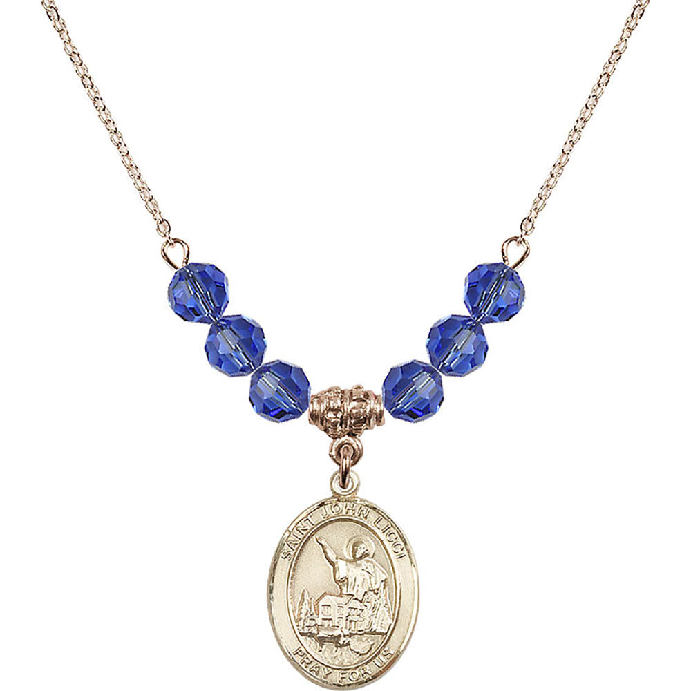 14kt Gold Filled Saint John Licci Birthstone Necklace with Sapphire Beads - 8358