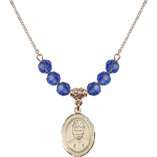 14kt Gold Filled Saint Josephine Bakhita Birthstone Necklace with Sapphire Beads - 8360