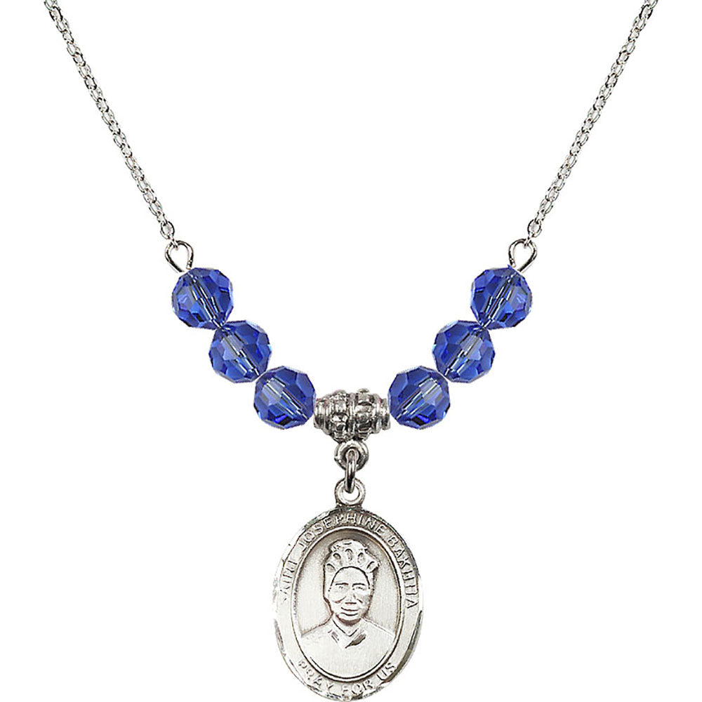 Sterling Silver Saint Josephine Bakhita Birthstone Necklace with Sapphire Beads - 8360