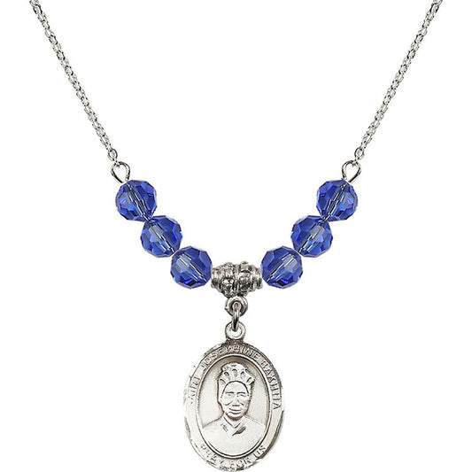 Sterling Silver Saint Josephine Bakhita Birthstone Necklace with Sapphire Beads - 8360