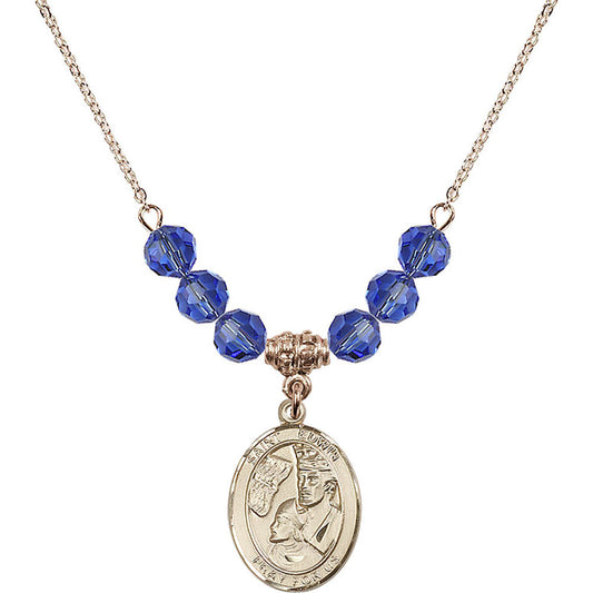 14kt Gold Filled Saint Edwin Birthstone Necklace with Sapphire Beads - 8361