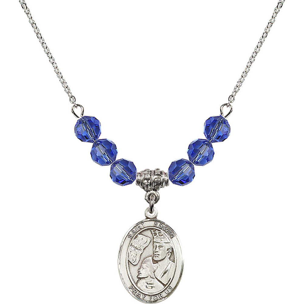 Sterling Silver Saint Edwin Birthstone Necklace with Sapphire Beads - 8361