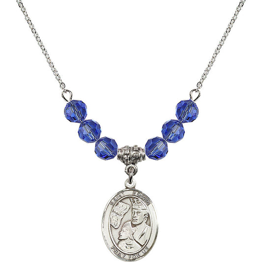 Sterling Silver Saint Edwin Birthstone Necklace with Sapphire Beads - 8361