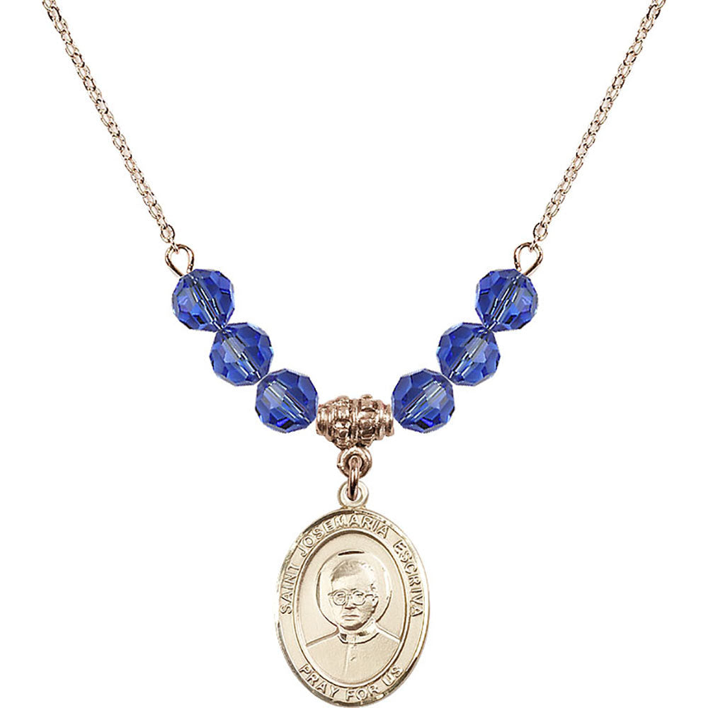 14kt Gold Filled Saint Josemaria Escriva Birthstone Necklace with Sapphire Beads - 8362