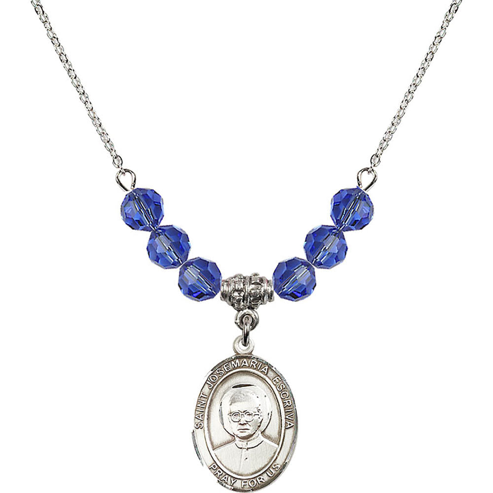 Sterling Silver Saint Josemaria Escriva Birthstone Necklace with Sapphire Beads - 8362