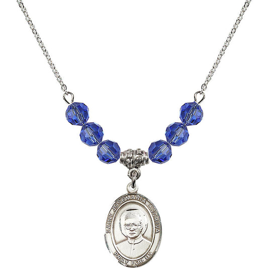 Sterling Silver Saint Josemaria Escriva Birthstone Necklace with Sapphire Beads - 8362