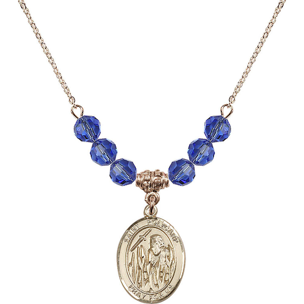 14kt Gold Filled Saint Polycarp of Smyrna Birthstone Necklace with Sapphire Beads - 8363