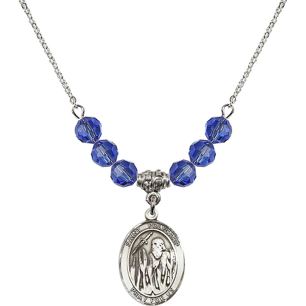 Sterling Silver Saint Polycarp of Smyrna Birthstone Necklace with Sapphire Beads - 8363