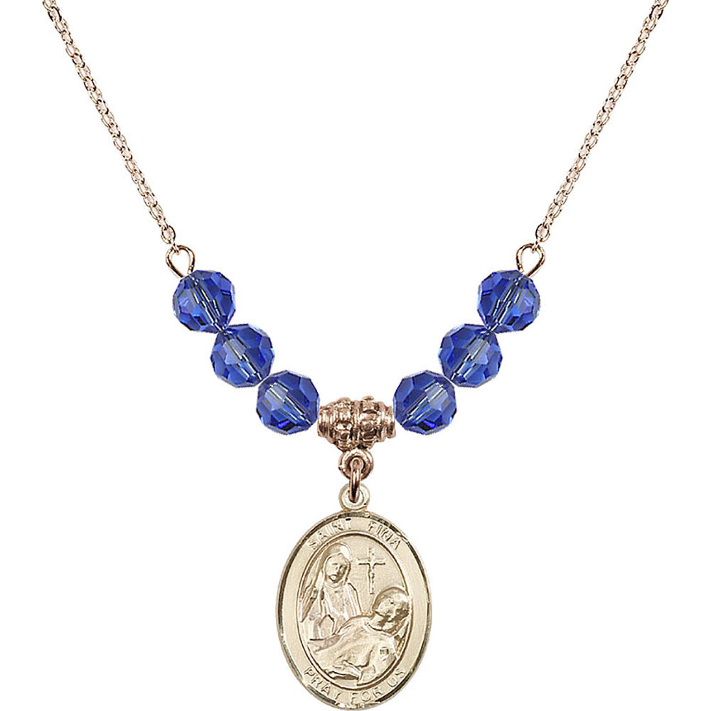 14kt Gold Filled Saint Fina Birthstone Necklace with Sapphire Beads - 8364