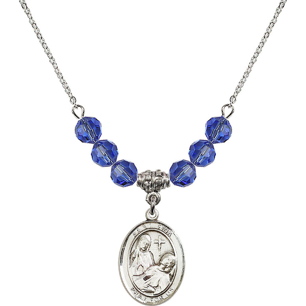 Sterling Silver Saint Fina Birthstone Necklace with Sapphire Beads - 8364
