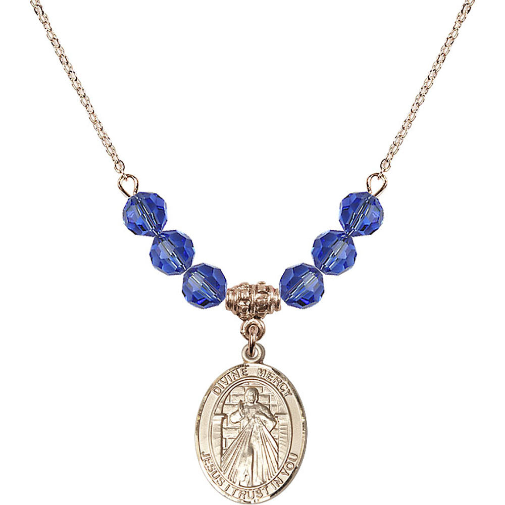 14kt Gold Filled Divine Mercy Birthstone Necklace with Sapphire Beads - 8366