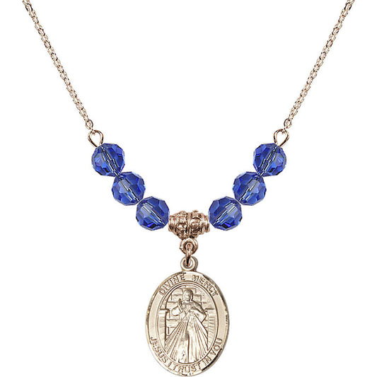 14kt Gold Filled Divine Mercy Birthstone Necklace with Sapphire Beads - 8366