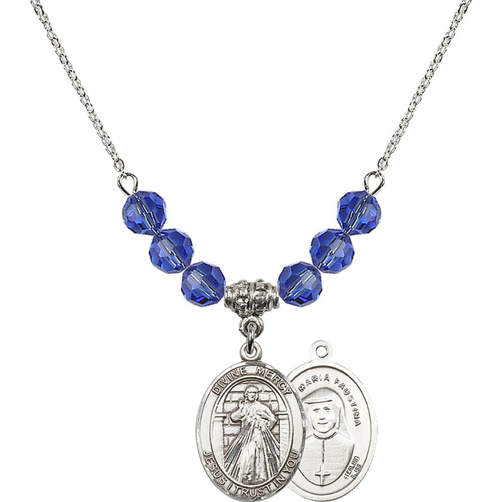 Sterling Silver Divine Mercy Birthstone Necklace with Sapphire Beads - 8366