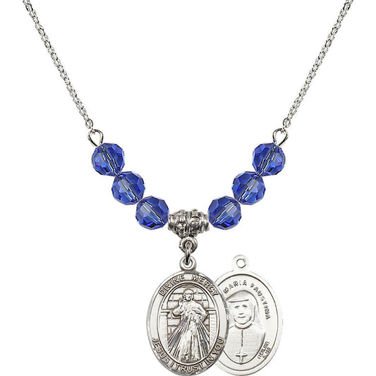 Sterling Silver Divine Mercy Birthstone Necklace with Sapphire Beads - 8366