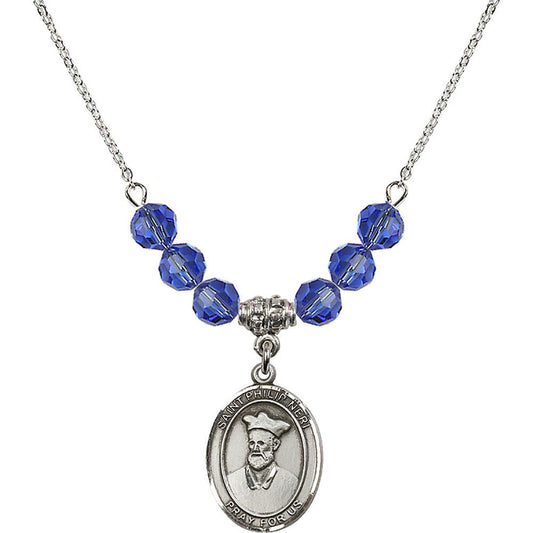 Sterling Silver Saint Philip Neri Birthstone Necklace with Sapphire Beads - 8369