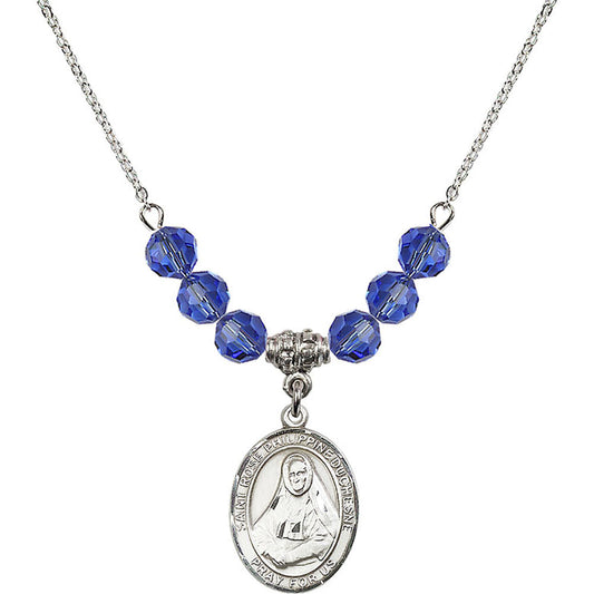 Sterling Silver Saint Rose Philippine Duchesne Birthstone Necklace with Sapphire Beads - 8371