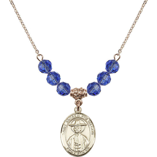 14kt Gold Filled Saint Andrew Kim Taegon Birthstone Necklace with Sapphire Beads - 8373