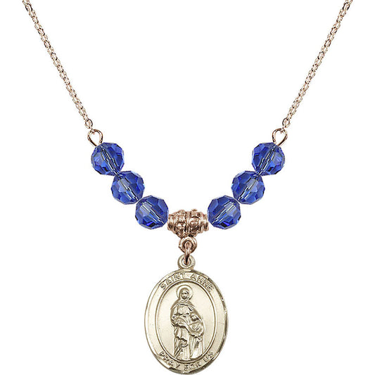 14kt Gold Filled Saint Anne Birthstone Necklace with Sapphire Beads - 8374