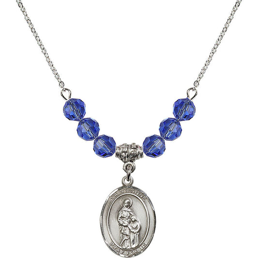 Sterling Silver Saint Anne Birthstone Necklace with Sapphire Beads - 8374
