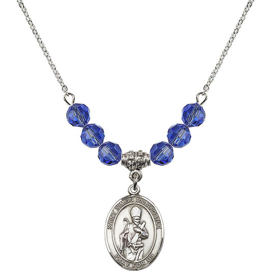 Sterling Silver Saint Simon the Apostle Birthstone Necklace with Sapphire Beads - 8375