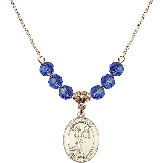 14kt Gold Filled Saint Rocco Birthstone Necklace with Sapphire Beads - 8377