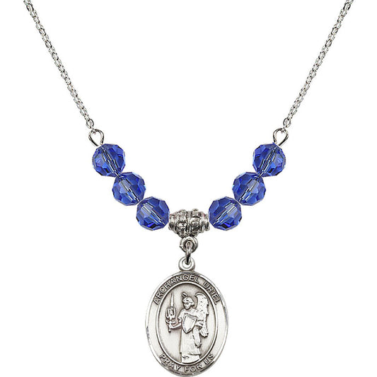 Sterling Silver Saint Uriel the Archangel Birthstone Necklace with Sapphire Beads - 8378