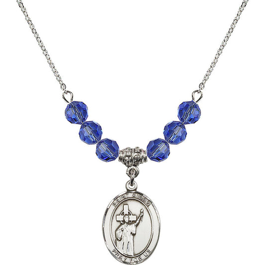 Sterling Silver Saint Aidan of Lindesfarne Birthstone Necklace with Sapphire Beads - 8381
