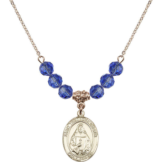 14kt Gold Filled Saint Theodora Birthstone Necklace with Sapphire Beads - 8382