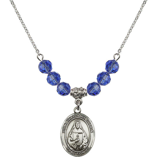 Sterling Silver Saint Theodora Birthstone Necklace with Sapphire Beads - 8382