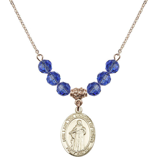14kt Gold Filled Our Lady the Undoer of Knots Birthstone Necklace with Sapphire Beads - 8383