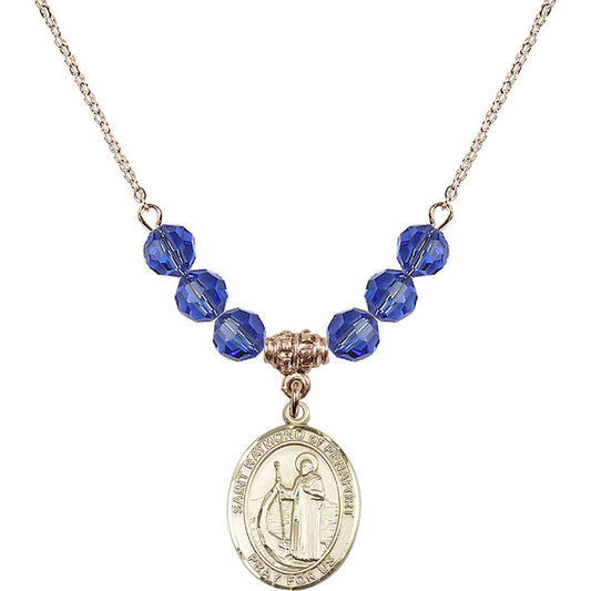 14kt Gold Filled Saint Raymond of Penafort Birthstone Necklace with Sapphire Beads - 8385