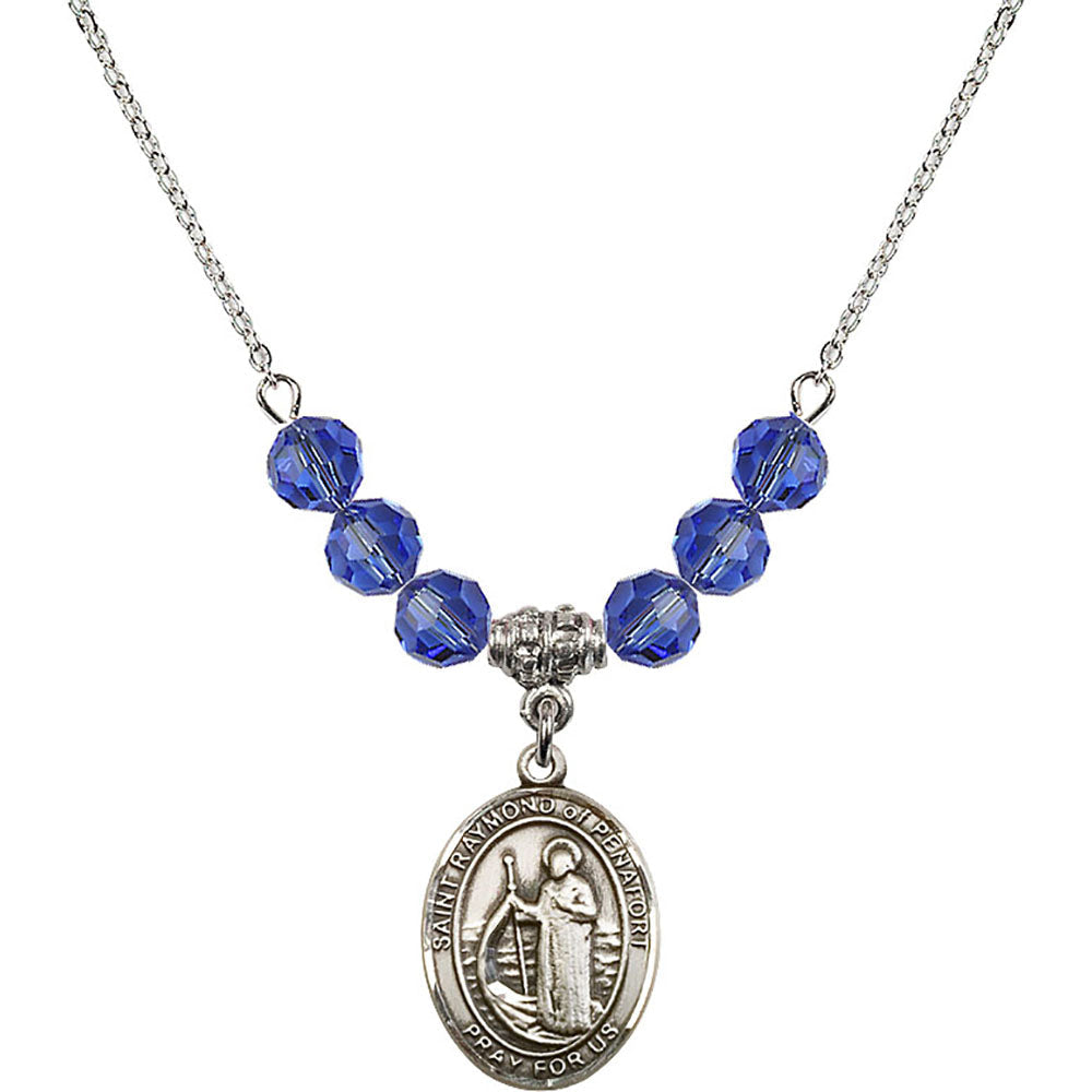 Sterling Silver Saint Raymond of Penafort Birthstone Necklace with Sapphire Beads - 8385