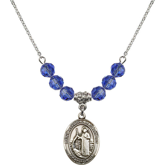 Sterling Silver Saint Raymond of Penafort Birthstone Necklace with Sapphire Beads - 8385