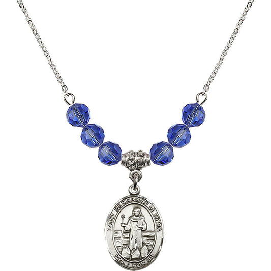 Sterling Silver Saint Bernadine of Sienna Birthstone Necklace with Sapphire Beads - 8387