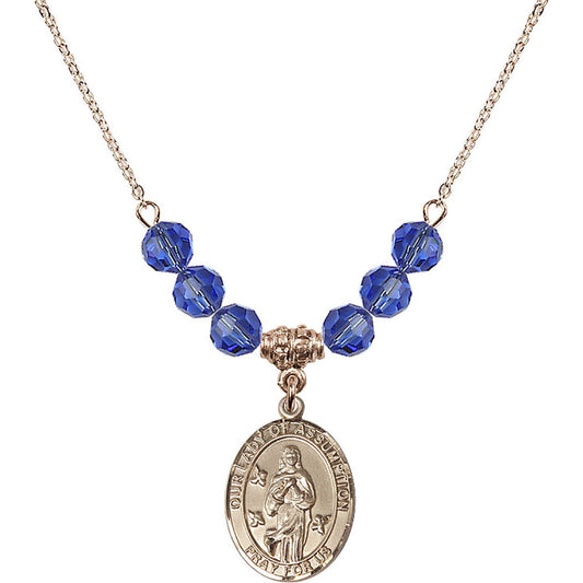 14kt Gold Filled Our Lady of Assumption Birthstone Necklace with Sapphire Beads - 8388
