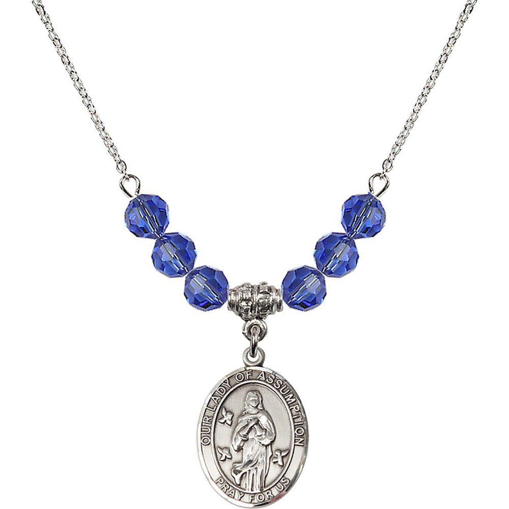 Sterling Silver Our Lady of Assumption Birthstone Necklace with Sapphire Beads - 8388