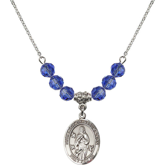 Sterling Silver Our Lady of Assumption Birthstone Necklace with Sapphire Beads - 8388