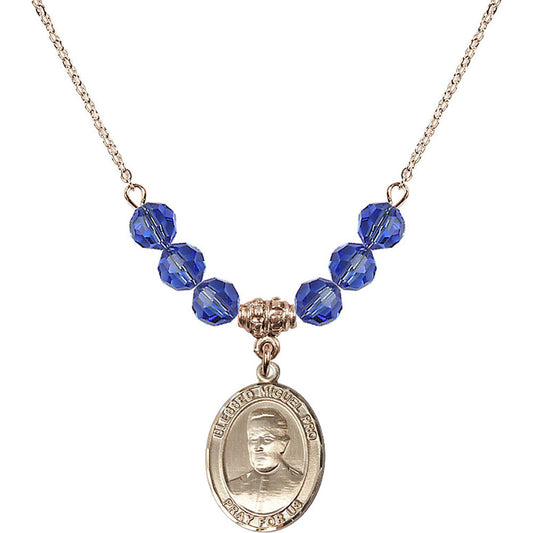 14kt Gold Filled Blessed Miguel Pro Birthstone Necklace with Sapphire Beads - 8389