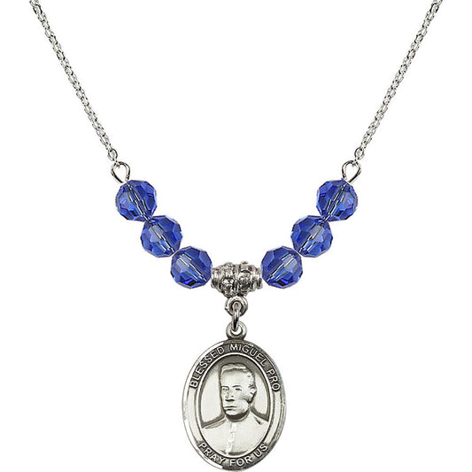 Sterling Silver Blessed Miguel Pro Birthstone Necklace with Sapphire Beads - 8389