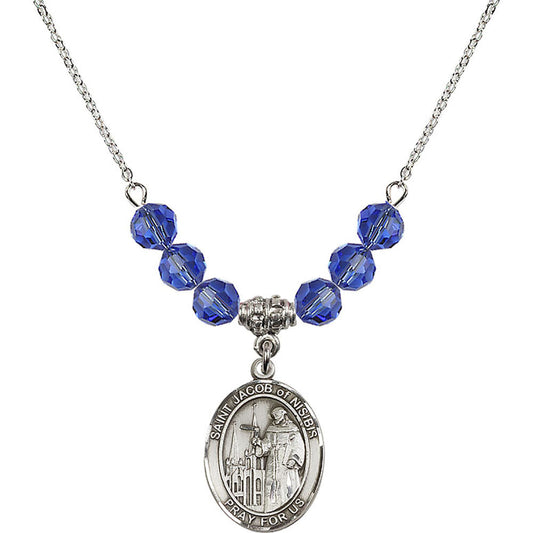 Sterling Silver Saint Jacob of Nisibis Birthstone Necklace with Sapphire Beads - 8392