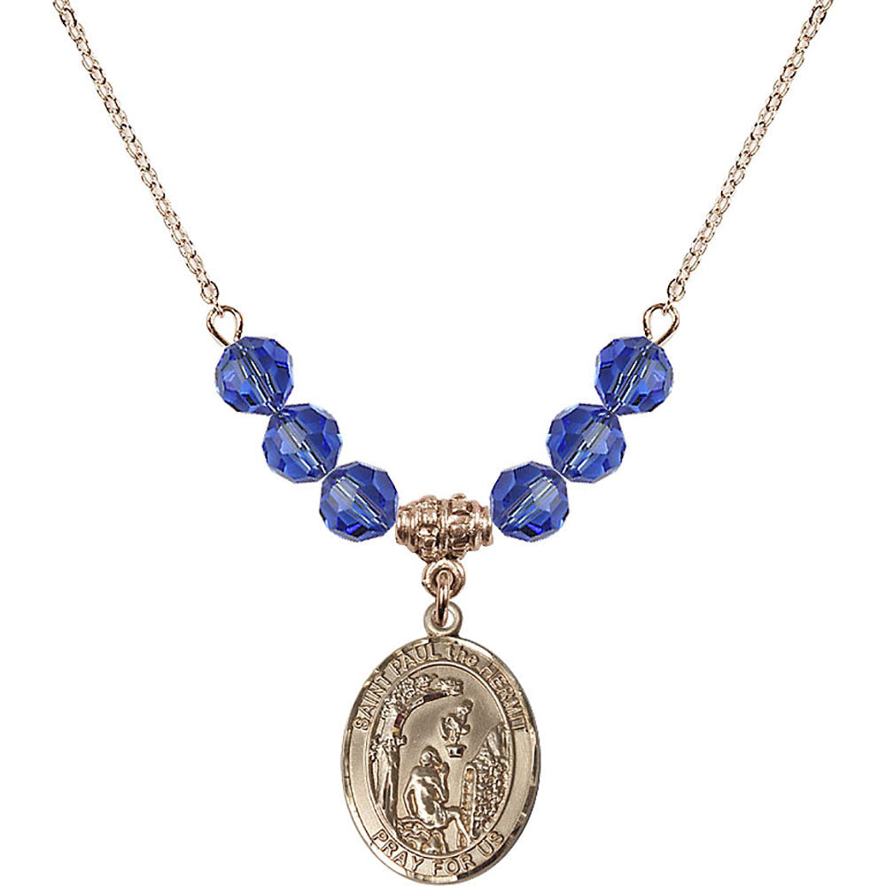 14kt Gold Filled Saint Paul the Hermit Birthstone Necklace with Sapphire Beads - 8394