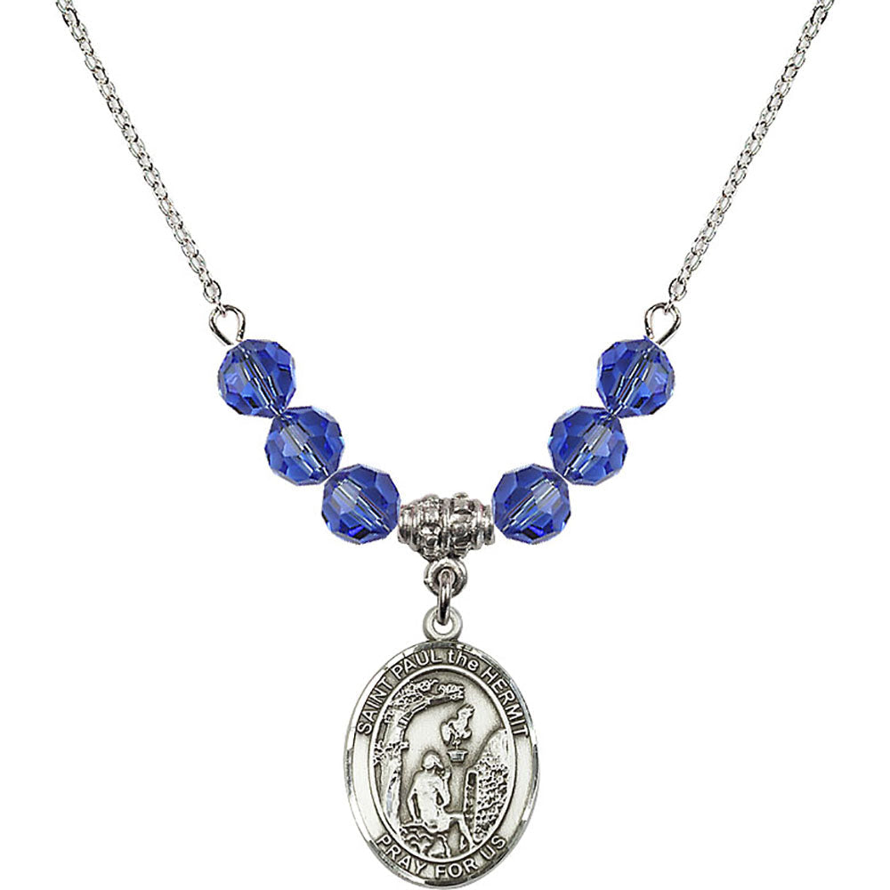 Sterling Silver Saint Paul the Hermit Birthstone Necklace with Sapphire Beads - 8394