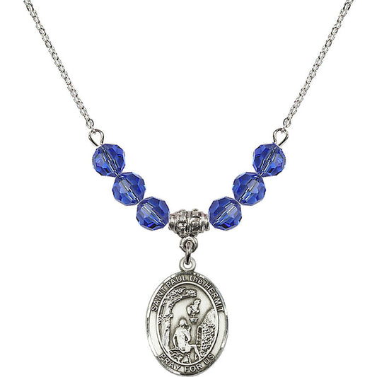 Sterling Silver Saint Paul the Hermit Birthstone Necklace with Sapphire Beads - 8394