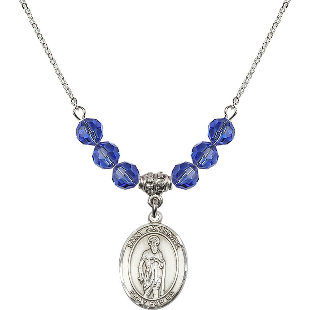 Sterling Silver Saint Nathanael Birthstone Necklace with Sapphire Beads - 8398