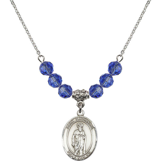 Sterling Silver Saint Nathanael Birthstone Necklace with Sapphire Beads - 8398