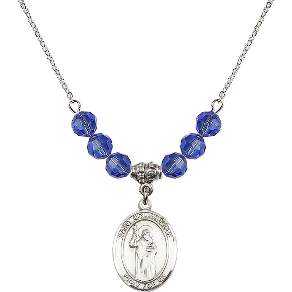 Sterling Silver Saint Columbkille Birthstone Necklace with Sapphire Beads - 8399