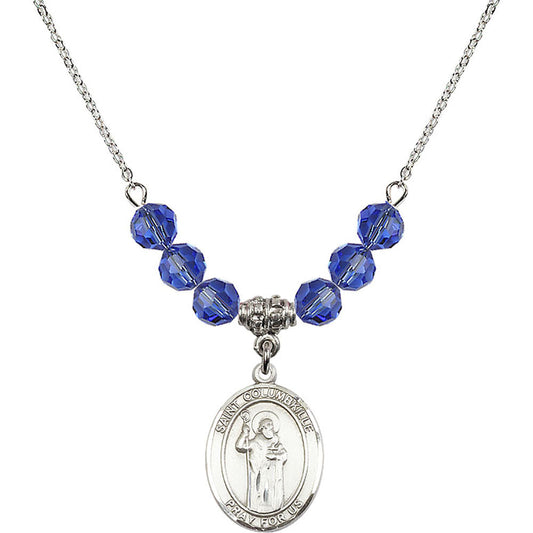Sterling Silver Saint Columbkille Birthstone Necklace with Sapphire Beads - 8399