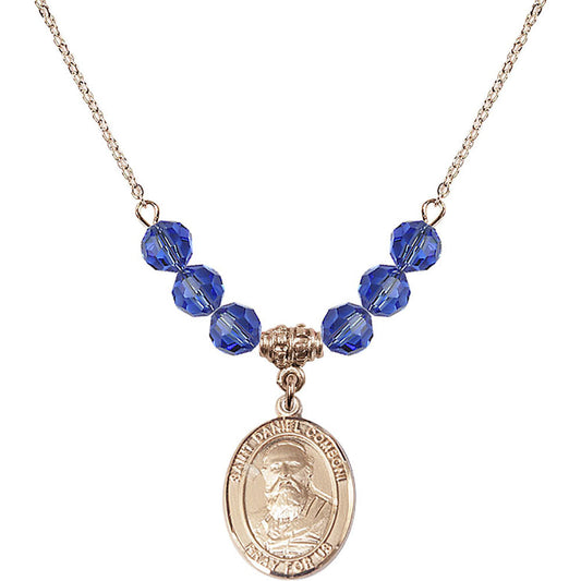 14kt Gold Filled Saint Daniel Comboni Birthstone Necklace with Sapphire Beads - 8400
