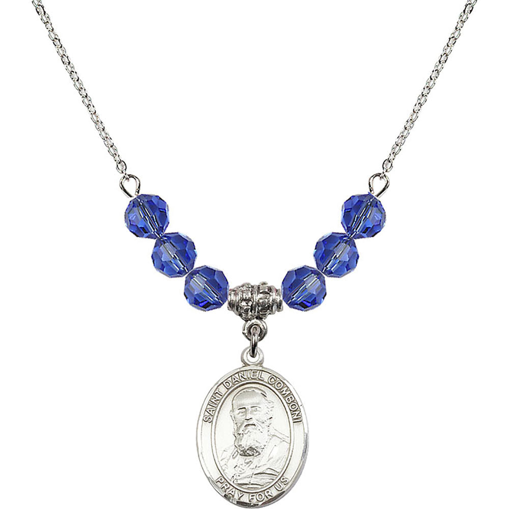 Sterling Silver Saint Daniel Comboni Birthstone Necklace with Sapphire Beads - 8400